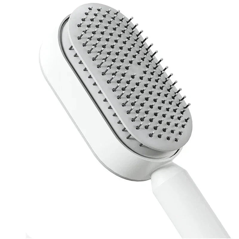A premium hair brush with one-click self-cleaning, 3D air cushion massage, and versatile styling capabilities for effortless hair care at home.