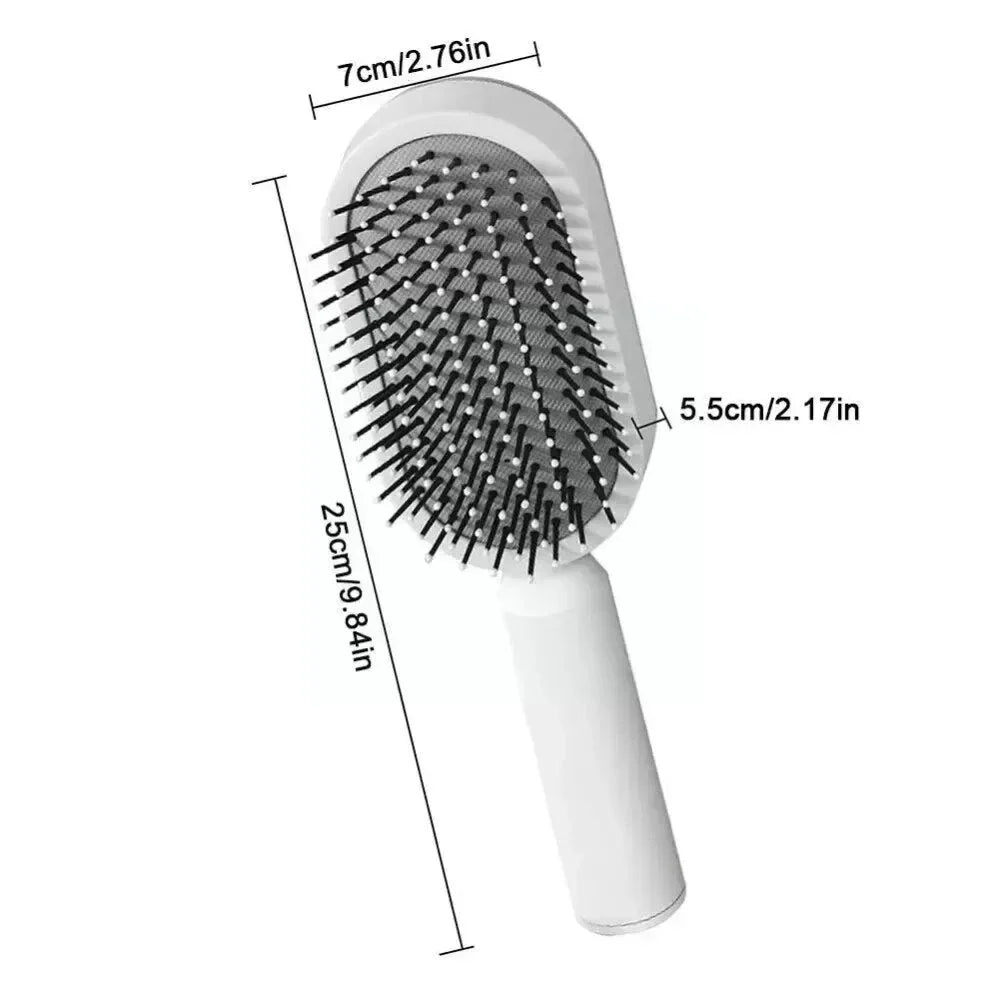 A premium hair brush with one-click self-cleaning, 3D air cushion massage, and versatile styling capabilities for effortless hair care at home.