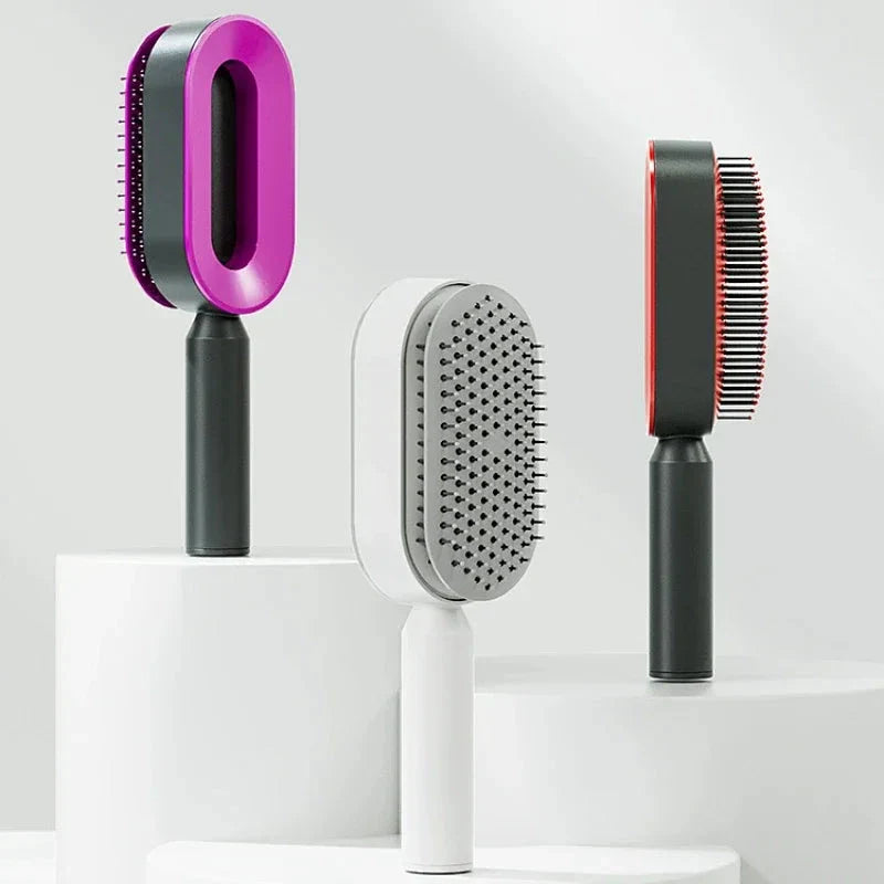 A premium hair brush with one-click self-cleaning, 3D air cushion massage, and versatile styling capabilities for effortless hair care at home.