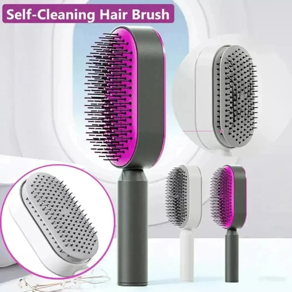 A premium hair brush with one-click self-cleaning, 3D air cushion massage, and versatile styling capabilities for effortless hair care at home.