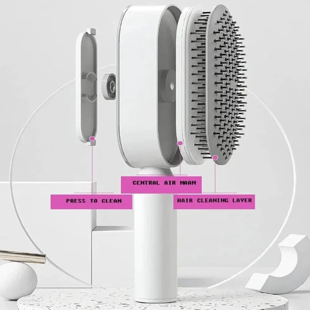 A premium hair brush with one-click self-cleaning, 3D air cushion massage, and versatile styling capabilities for effortless hair care at home.
