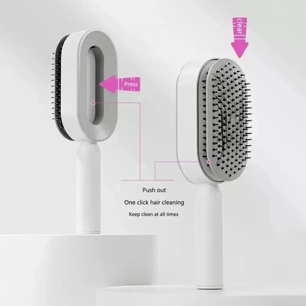 A premium hair brush with one-click self-cleaning, 3D air cushion massage, and versatile styling capabilities for effortless hair care at home.
