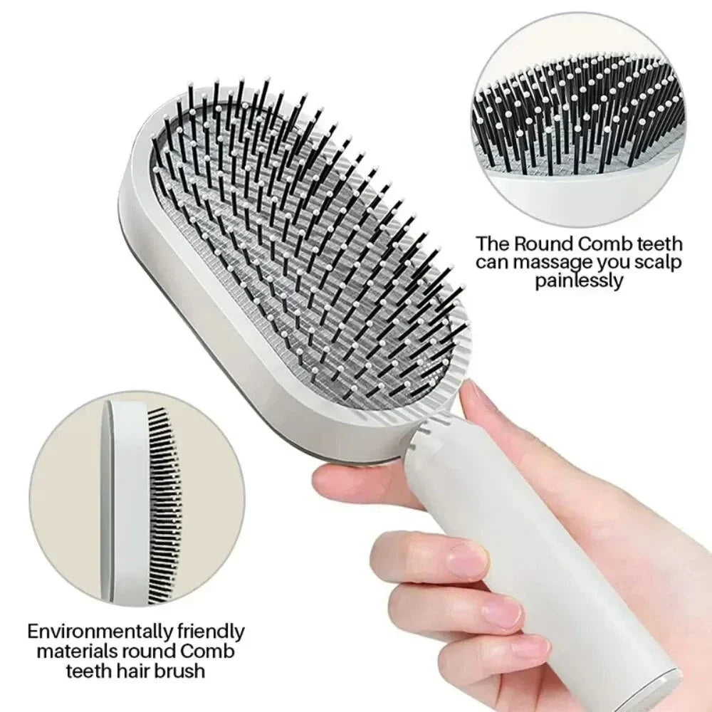 A premium hair brush with one-click self-cleaning, 3D air cushion massage, and versatile styling capabilities for effortless hair care at home.