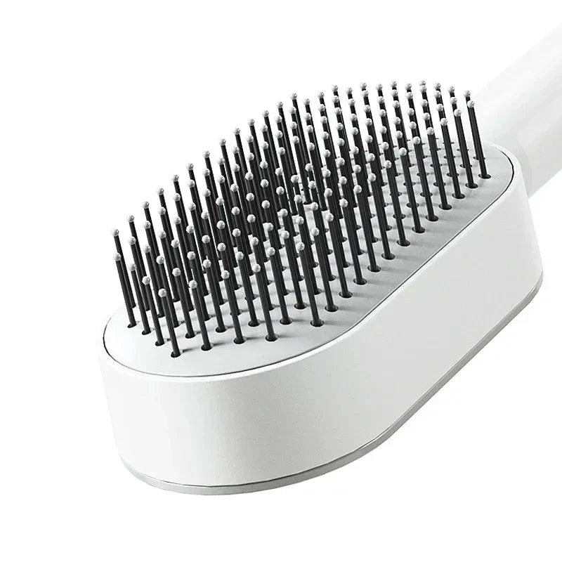 A premium hair brush with one-click self-cleaning, 3D air cushion massage, and versatile styling capabilities for effortless hair care at home.