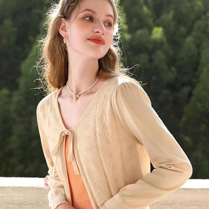 Apricot Elegant V-Neck French Style Knit Cardigan with delicate bow detail and jacquard pattern