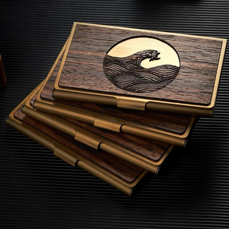 Premium stainless steel and wooden business card holder in a range of elegant finishes