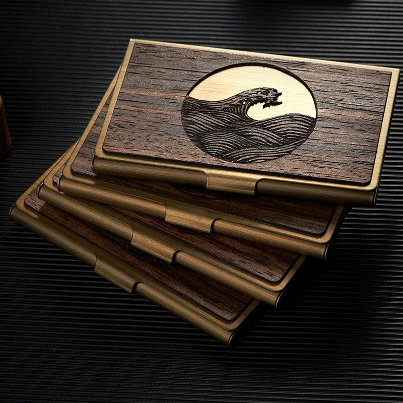 Premium stainless steel and wooden business card holder in a range of elegant finishes