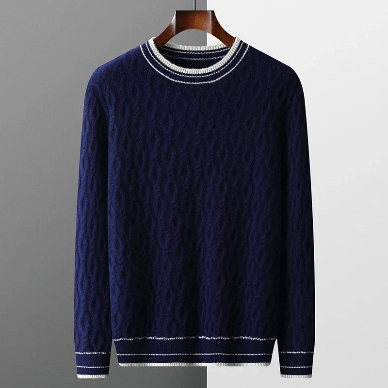 Premium British-made fall and winter men's jacquard colorblock sweater with round neck and thickened design