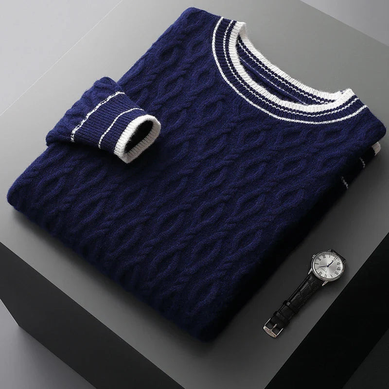 Premium British-made fall and winter men's jacquard colorblock sweater with round neck and thickened design