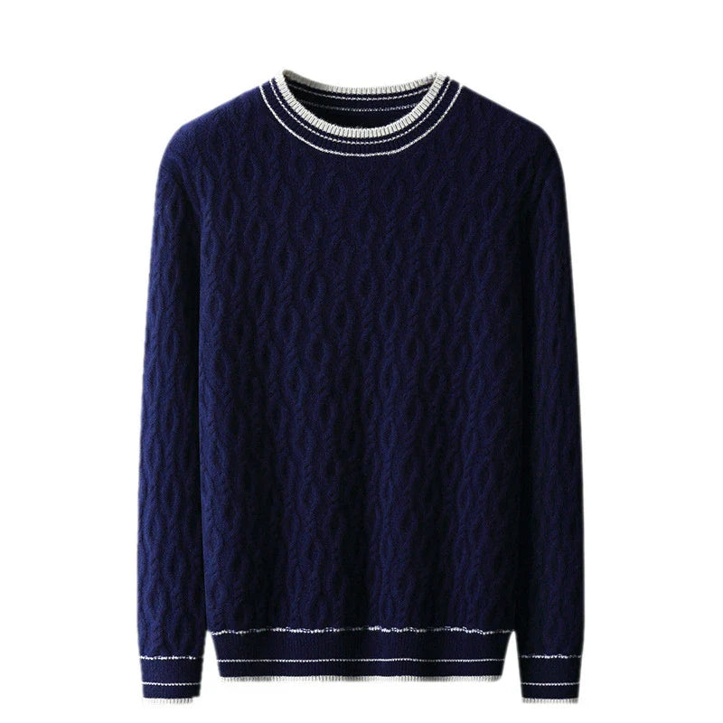 Premium British-made fall and winter men's jacquard colorblock sweater with round neck and thickened design