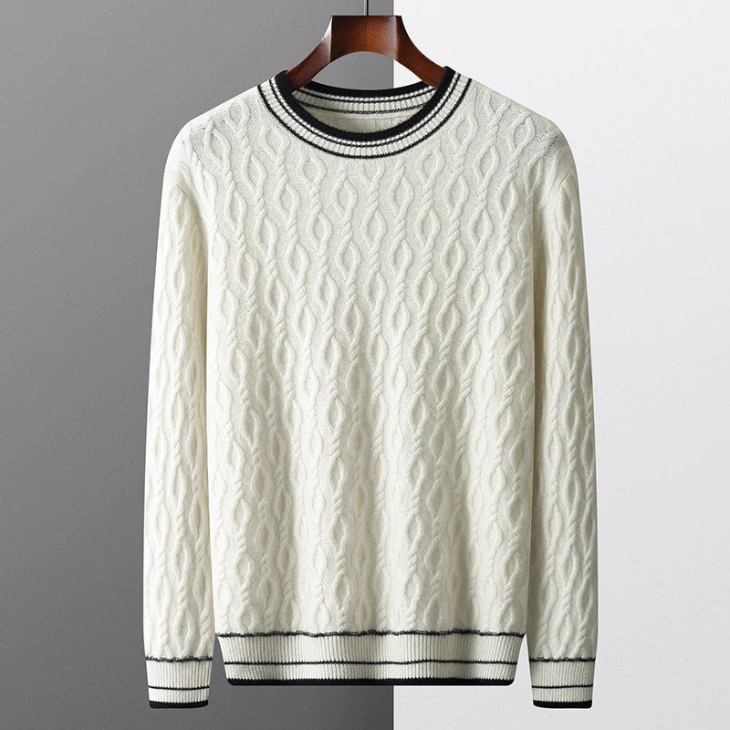 Premium British-made fall and winter men's jacquard colorblock sweater with round neck and thickened design