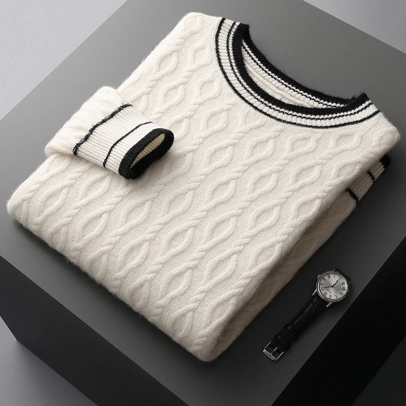 Premium British-made fall and winter men's jacquard colorblock sweater with round neck and thickened design