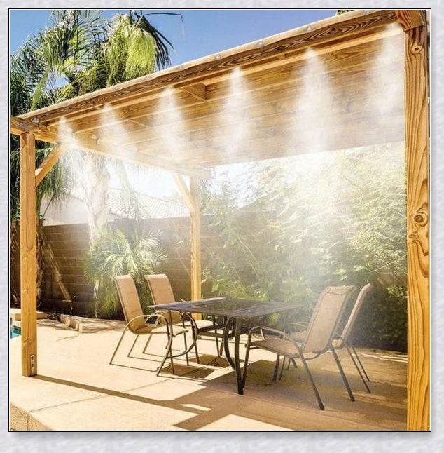 A high-quality outdoor misting system with adjustable nozzles, designed to cool and refresh your backyard or patio.