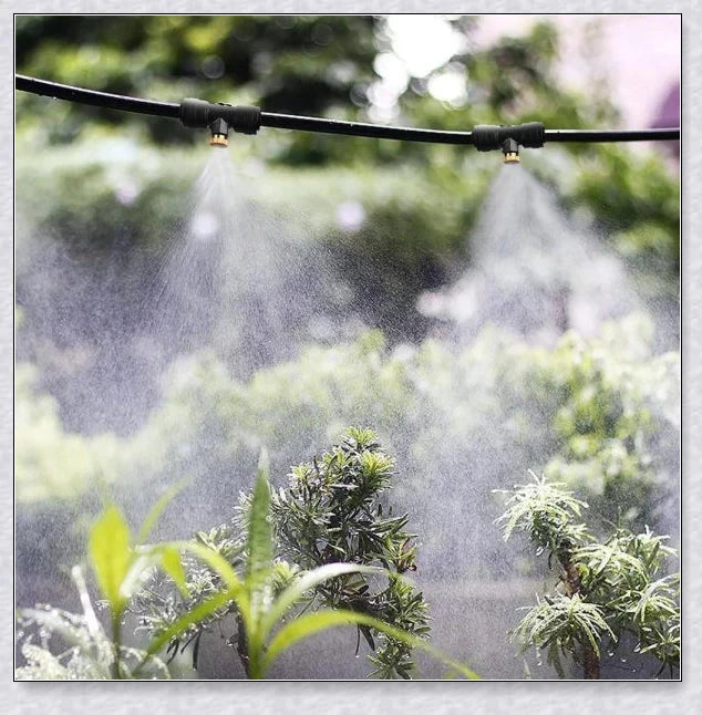A high-quality outdoor misting system with adjustable nozzles, designed to cool and refresh your backyard or patio.