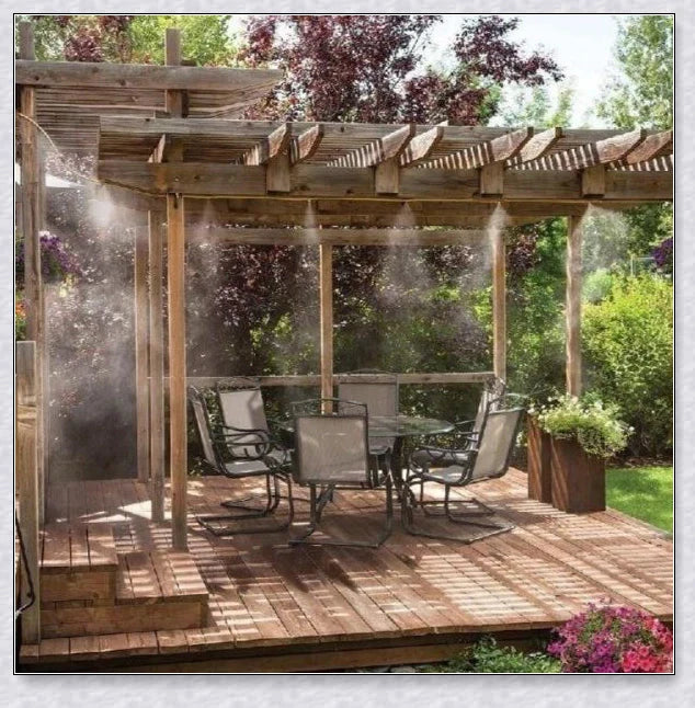 A high-quality outdoor misting system with adjustable nozzles, designed to cool and refresh your backyard or patio.