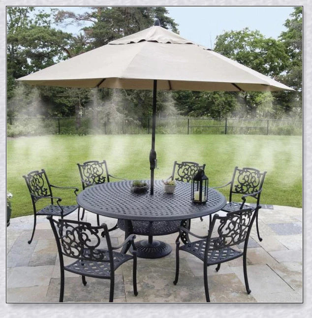 A high-quality outdoor misting system with adjustable nozzles, designed to cool and refresh your backyard or patio.