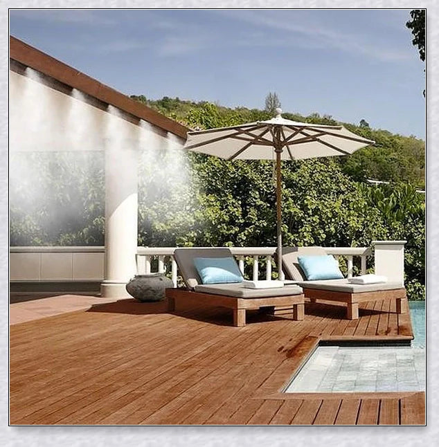 A high-quality outdoor misting system with adjustable nozzles, designed to cool and refresh your backyard or patio.