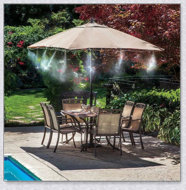 A high-quality outdoor misting system with adjustable nozzles, designed to cool and refresh your backyard or patio.