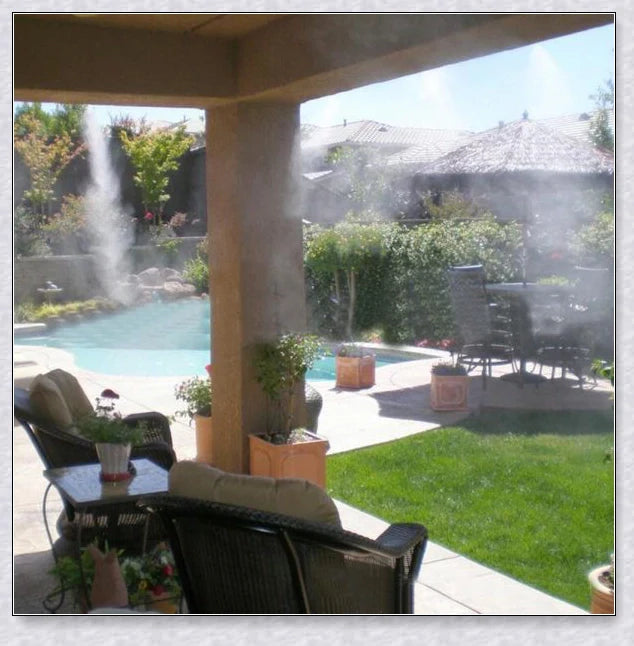 A high-quality outdoor misting system with adjustable nozzles, designed to cool and refresh your backyard or patio.