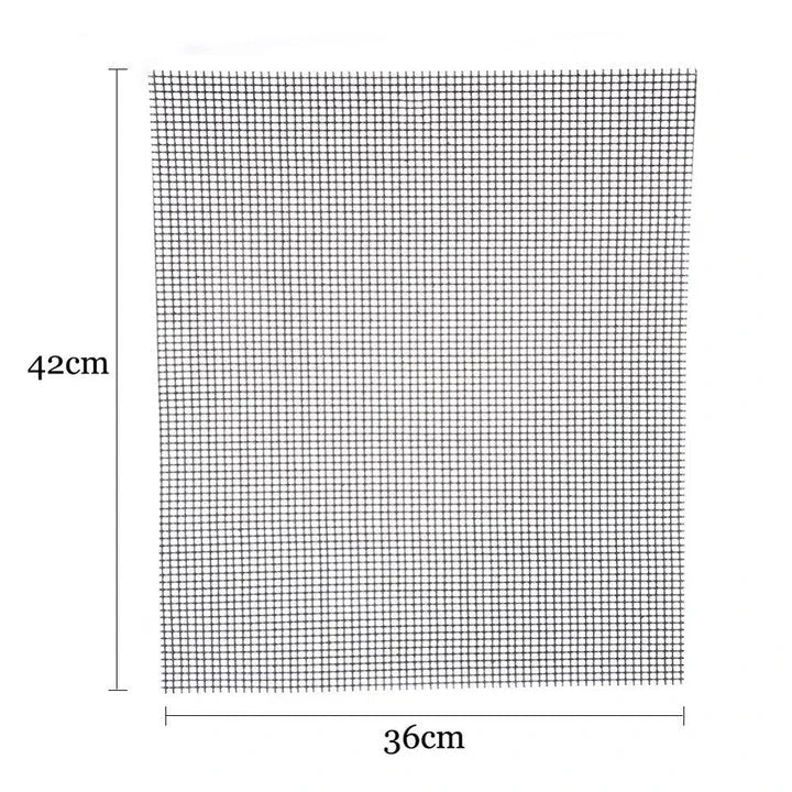 Premium non-stick barbeque grilling mat with glass fibre cloth construction and Teflon coating for effortless grilling and cleaning