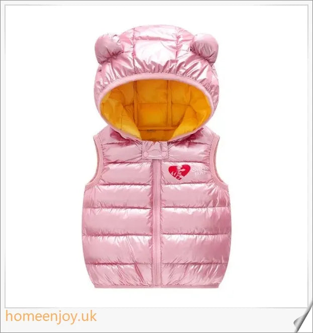 Autumn Kids Outerwear Hooded Sleeveless Warm Vest in various sizes, featuring a cosy hooded design and sleeveless silhouette for easy layering.