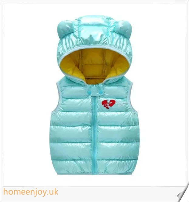 Autumn Kids Outerwear Hooded Sleeveless Warm Vest in various sizes, featuring a cosy hooded design and sleeveless silhouette for easy layering.