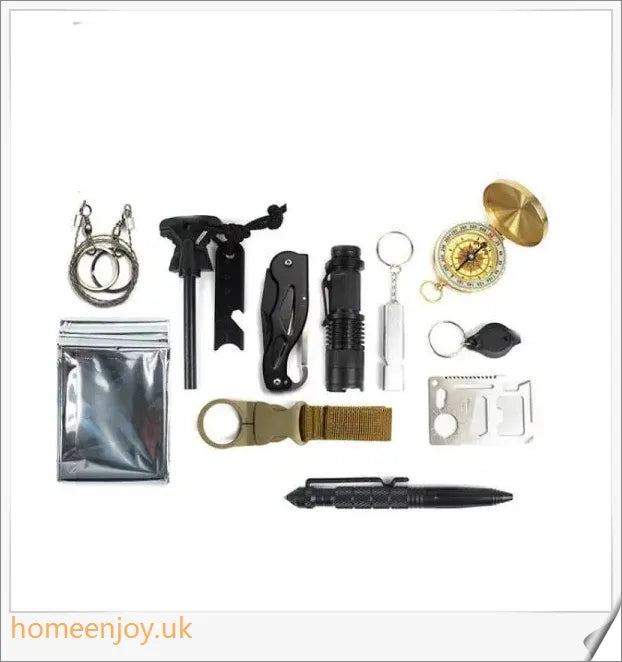Emergency Survival Kit for Camping with 13 essential tools for outdoor adventures and wilderness emergencies