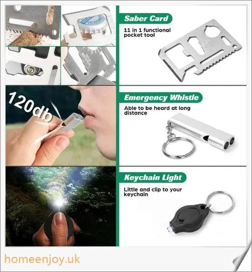 Emergency Survival Kit for Camping with 13 essential tools for outdoor adventures and wilderness emergencies