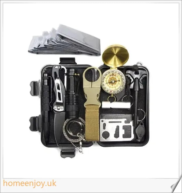 Emergency Survival Kit for Camping with 13 essential tools for outdoor adventures and wilderness emergencies