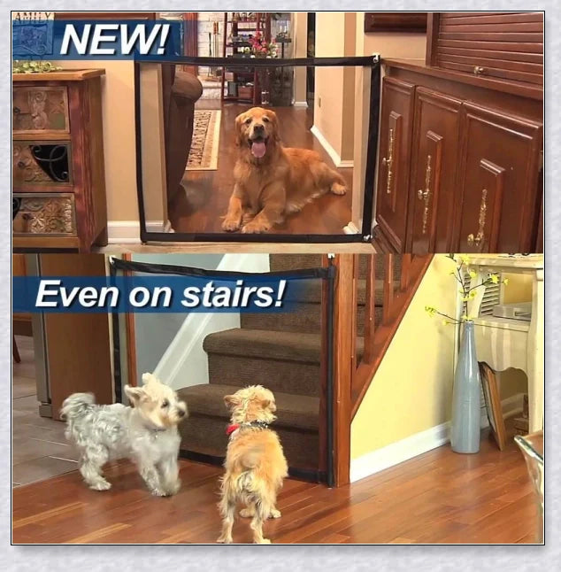 Portable Kids & Pets Safety Door Guard made of fiberglass mesh, ideal for securing doorways and stairwells to keep pets contained