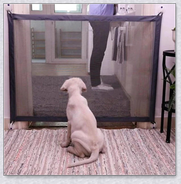Portable Kids & Pets Safety Door Guard made of fiberglass mesh, ideal for securing doorways and stairwells to keep pets contained