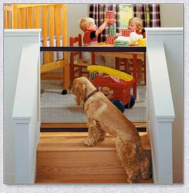 Portable Kids & Pets Safety Door Guard made of fiberglass mesh, ideal for securing doorways and stairwells to keep pets contained