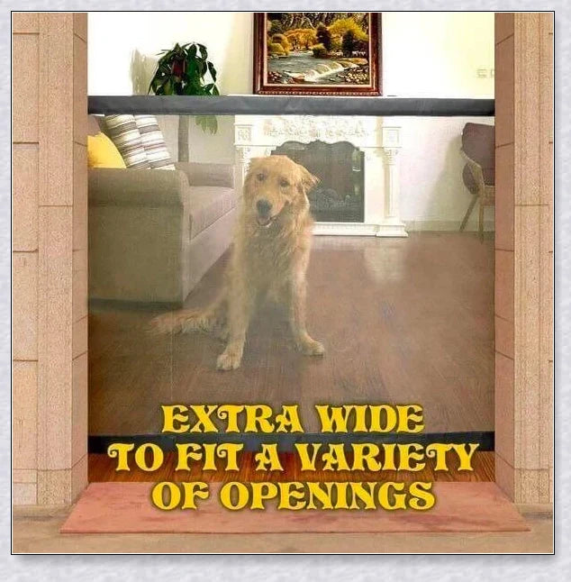 Portable Kids & Pets Safety Door Guard made of fiberglass mesh, ideal for securing doorways and stairwells to keep pets contained