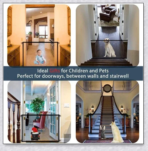 Portable Kids & Pets Safety Door Guard made of fiberglass mesh, ideal for securing doorways and stairwells to keep pets contained