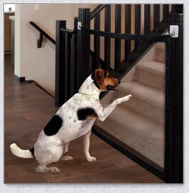 Portable Kids & Pets Safety Door Guard made of fiberglass mesh, ideal for securing doorways and stairwells to keep pets contained