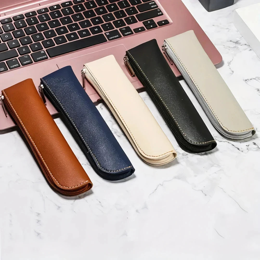 A sleek and sophisticated PU leather pencil case with a secure zipper closure, perfect for organising writing essentials for school and office use.