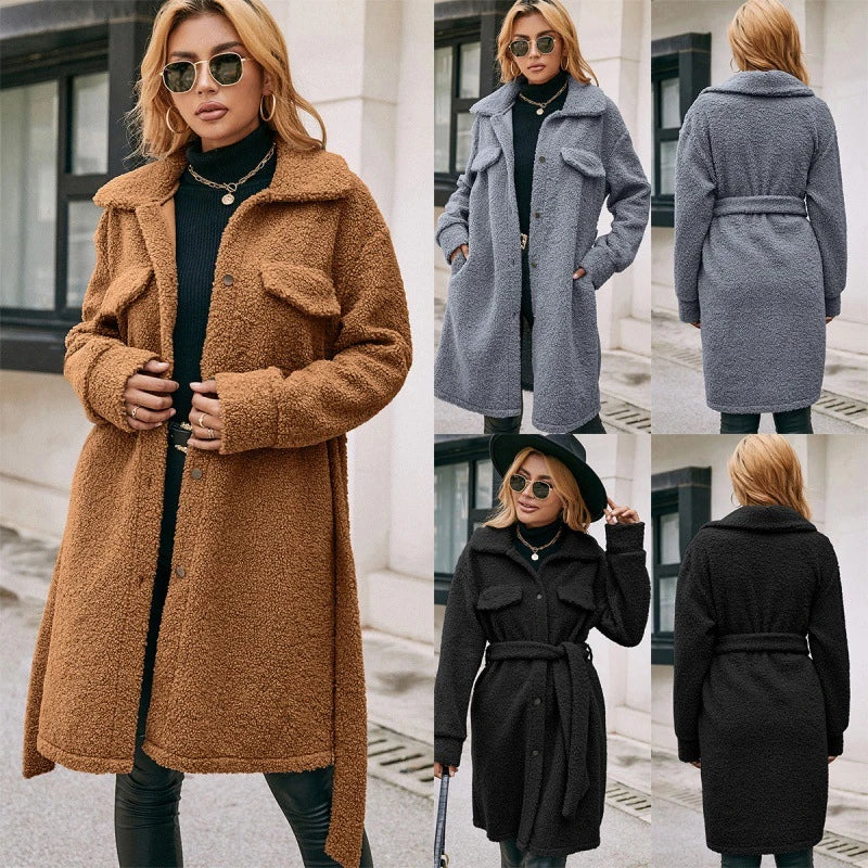 Trendha mid-length belted single-breasted plush trench coat in black, blue grey, and caramel colours