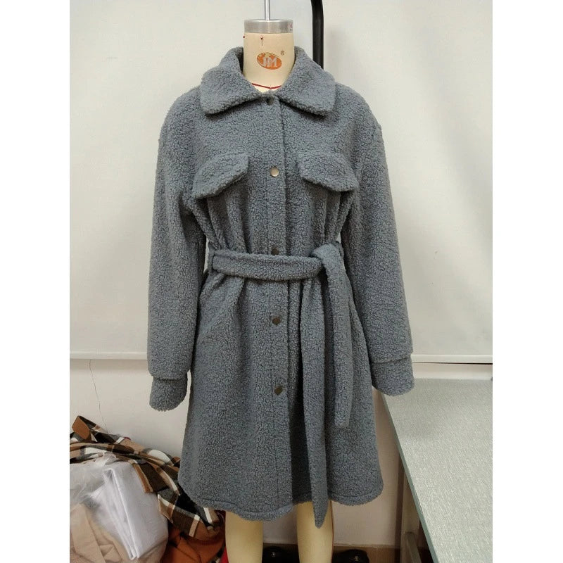 Trendha mid-length belted single-breasted plush trench coat in black, blue grey, and caramel colours
