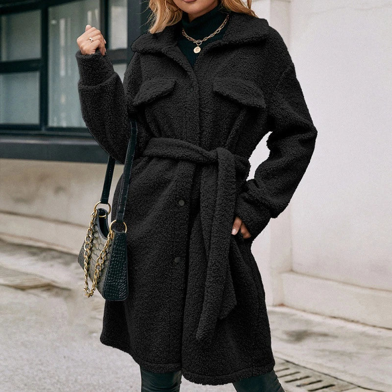 Trendha mid-length belted single-breasted plush trench coat in black, blue grey, and caramel colours