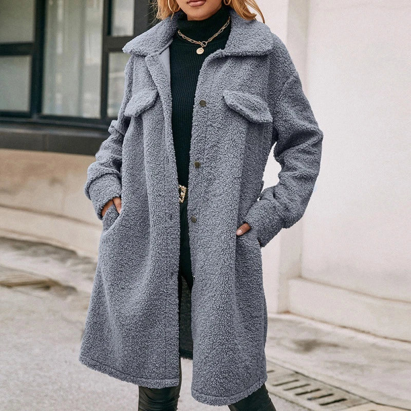 Trendha mid-length belted single-breasted plush trench coat in black, blue grey, and caramel colours