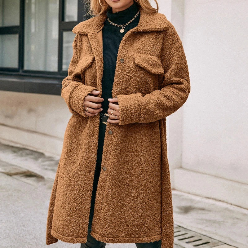 Trendha mid-length belted single-breasted plush trench coat in black, blue grey, and caramel colours