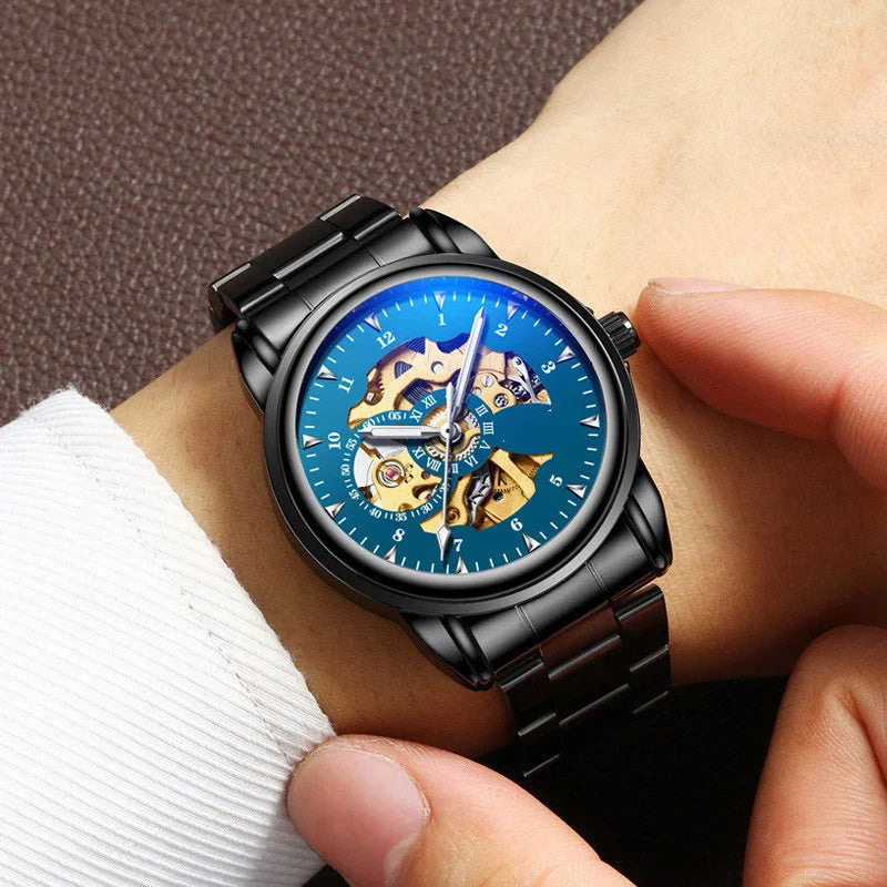 Men's Fashion Simple Leather Waterproof Luminous Mechanical Watch with Stainless Steel Case and Leather Strap