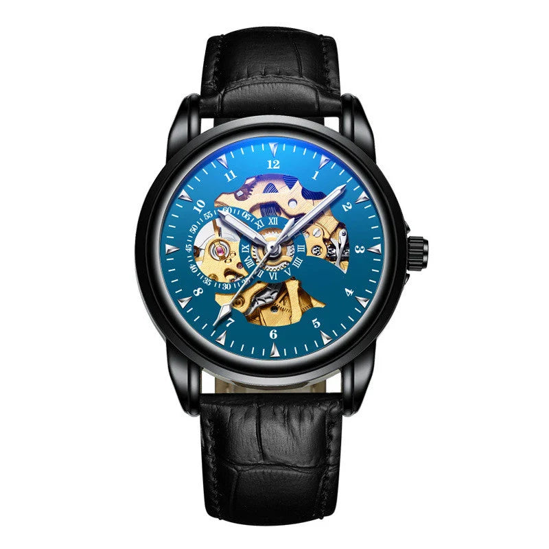 Men's Fashion Simple Leather Waterproof Luminous Mechanical Watch with Stainless Steel Case and Leather Strap