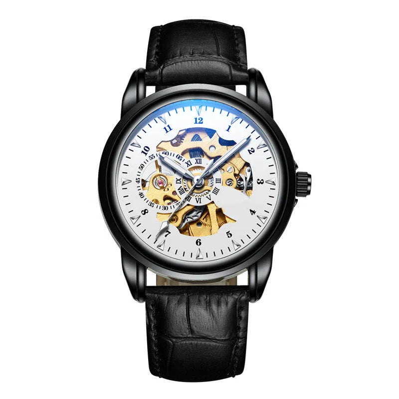 Men's Fashion Simple Leather Waterproof Luminous Mechanical Watch with Stainless Steel Case and Leather Strap