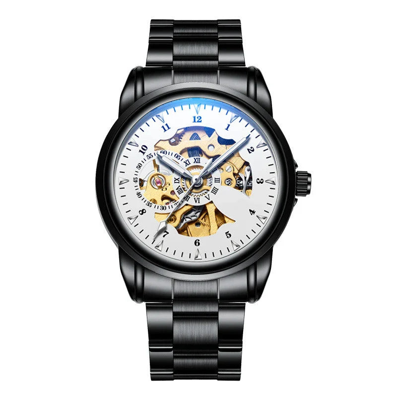 Men's Fashion Simple Leather Waterproof Luminous Mechanical Watch with Stainless Steel Case and Leather Strap