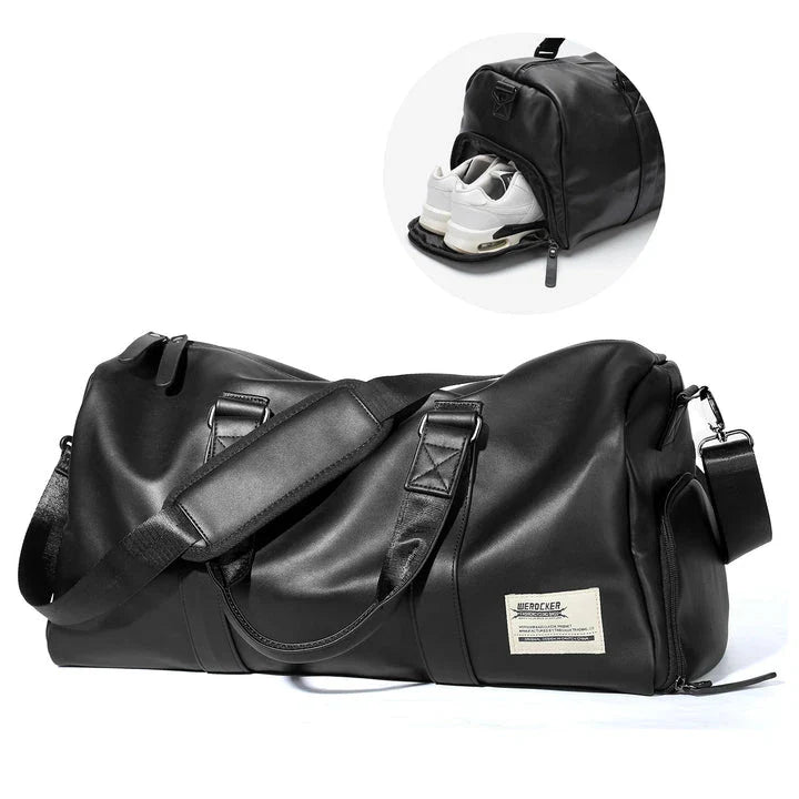 A high-quality waterproof travel bag for men with a dedicated shoe compartment and spacious interior for versatile use.