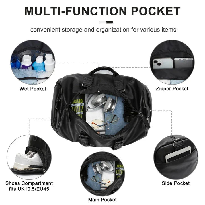 A high-quality waterproof travel bag for men with a dedicated shoe compartment and spacious interior for versatile use.