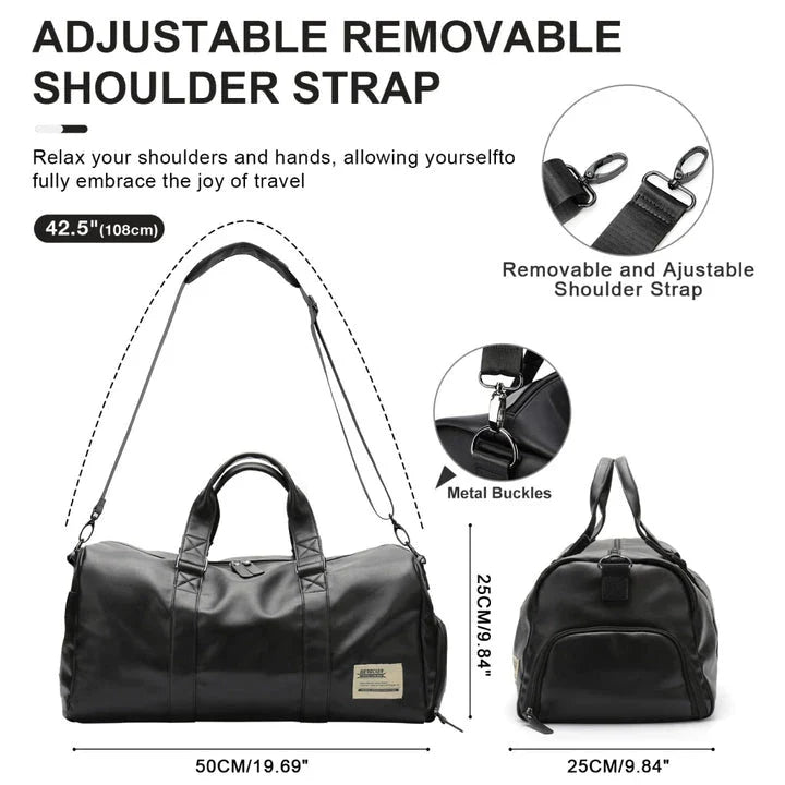 A high-quality waterproof travel bag for men with a dedicated shoe compartment and spacious interior for versatile use.
