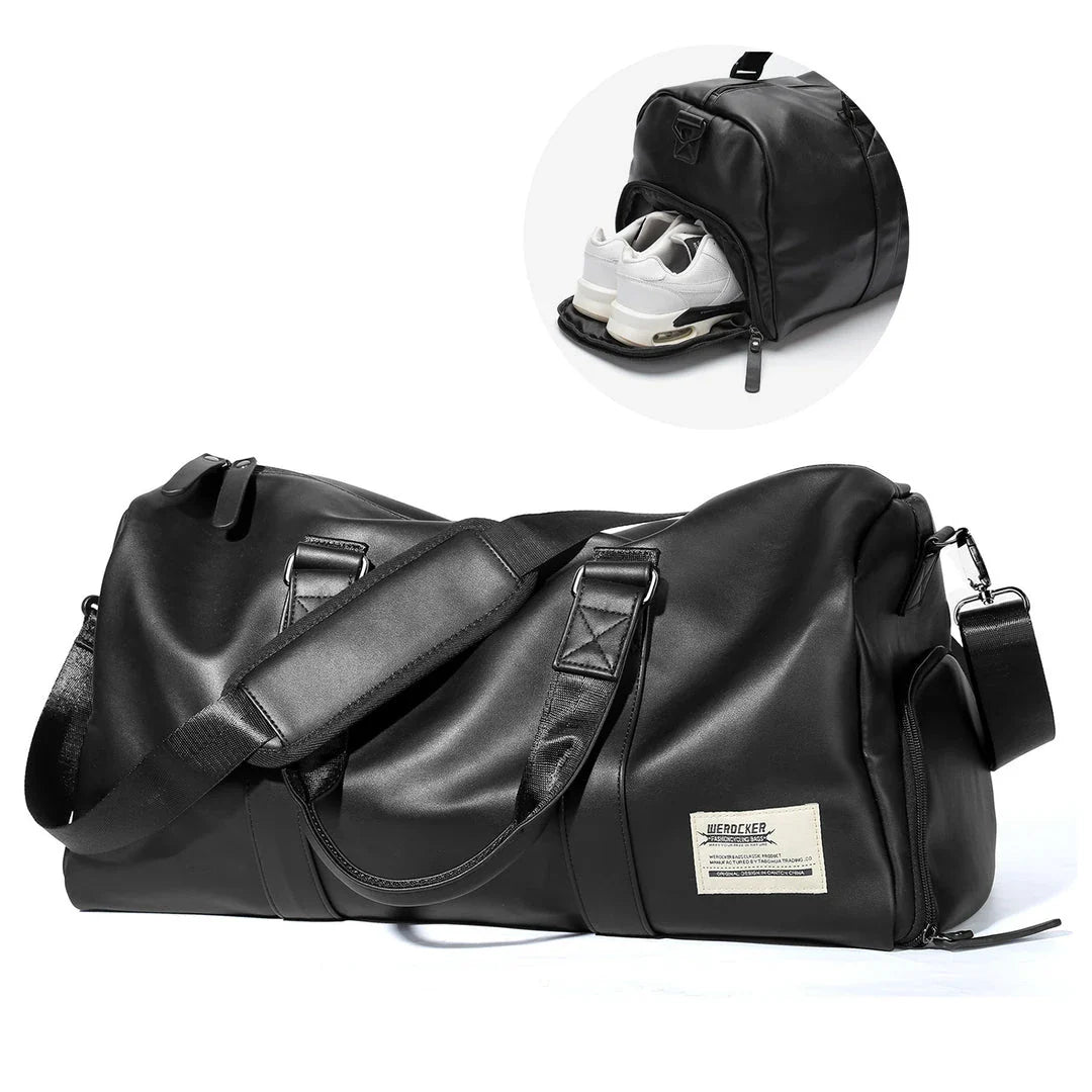 A high-quality waterproof travel bag for men with a dedicated shoe compartment and spacious interior for versatile use.