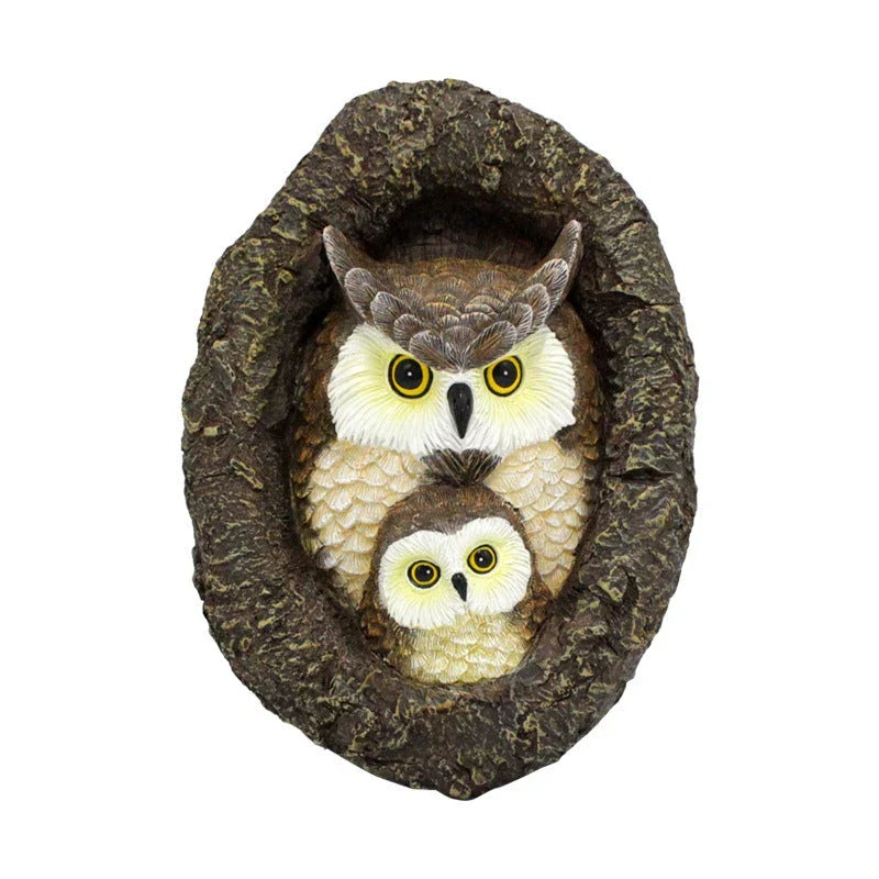 Charming mother and child owl resin ornament for hanging in British gardens and outdoor spaces